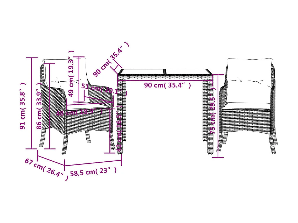 Prolenta Premium -  3-delige Tuinset met kussens poly rattan zwart