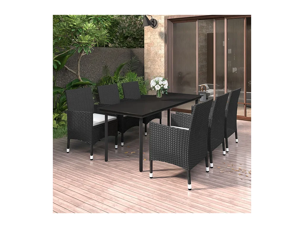 Rion  Ensemble à manger de jardin coussins 7 pcs Résine tressée Verre