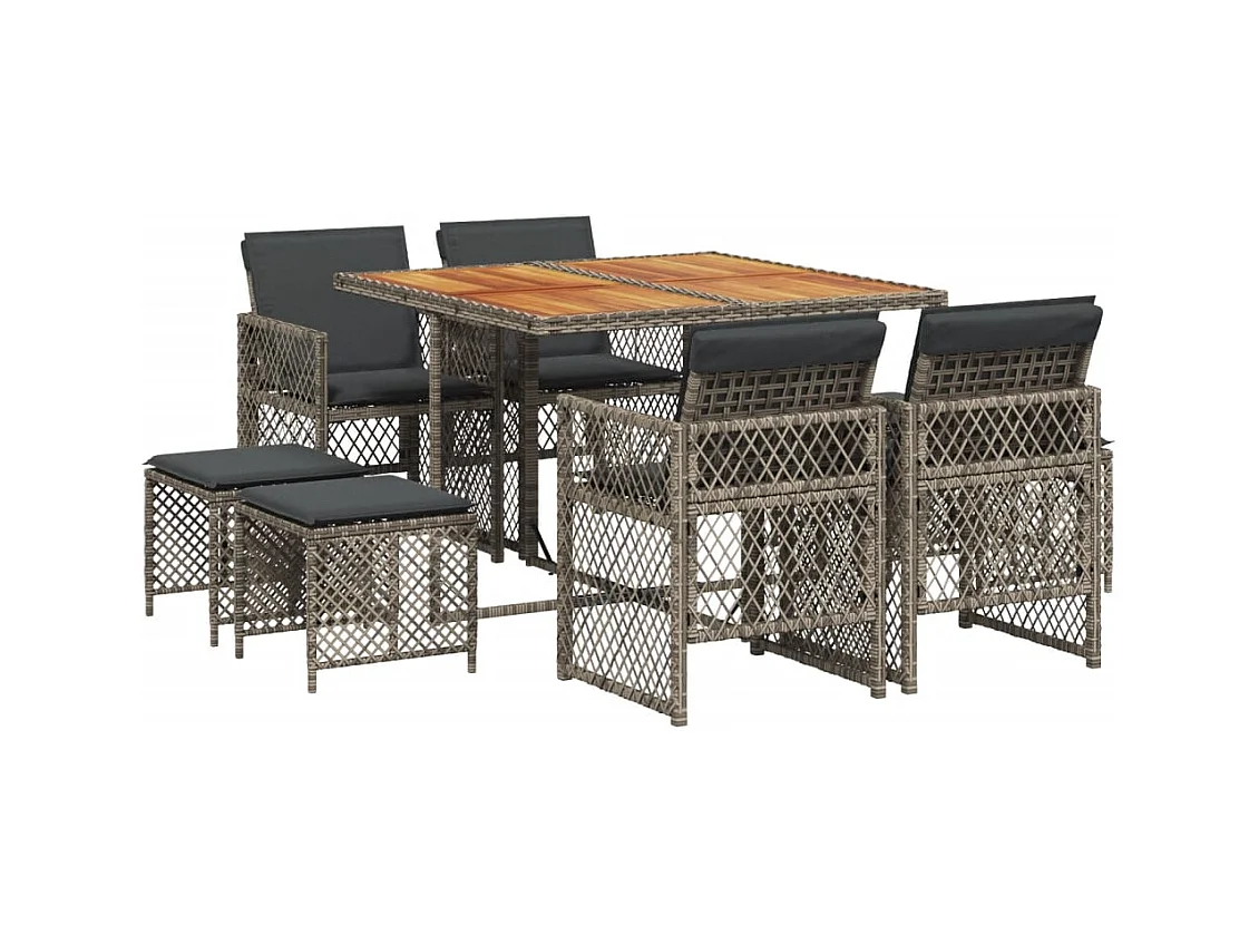 Lubbeek  Set comedor jardín 9 pzas y cojines ratán sintético gris