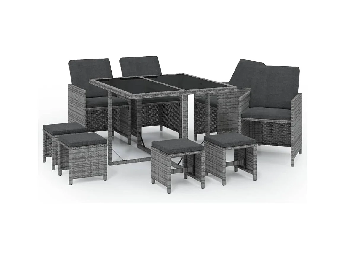 Hugo  Ensemble à manger de jardin coussins 9pcs Résine tressée Gris