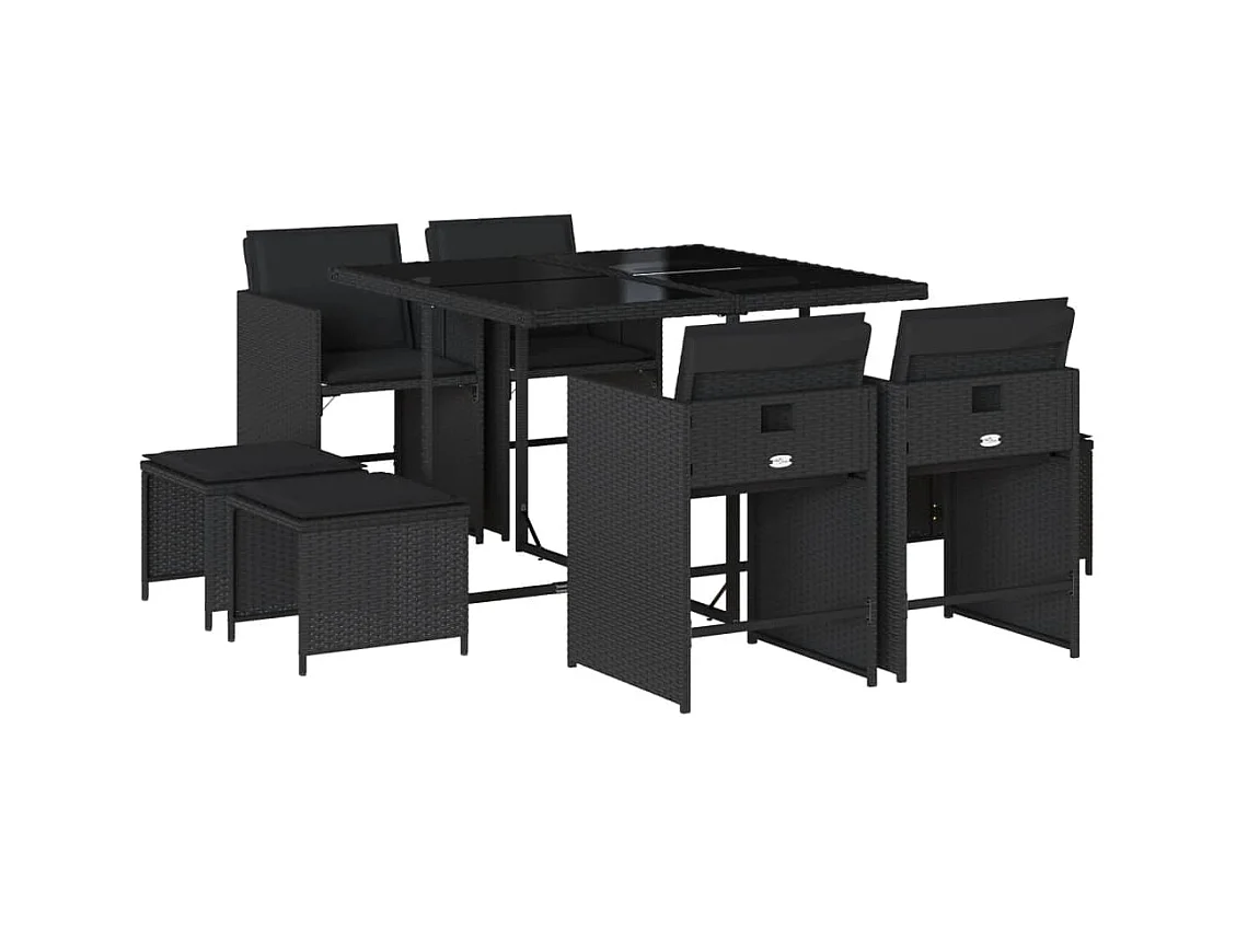 Zenn  Set de comedor de jardín 9 pzas y cojines ratán sintético negro