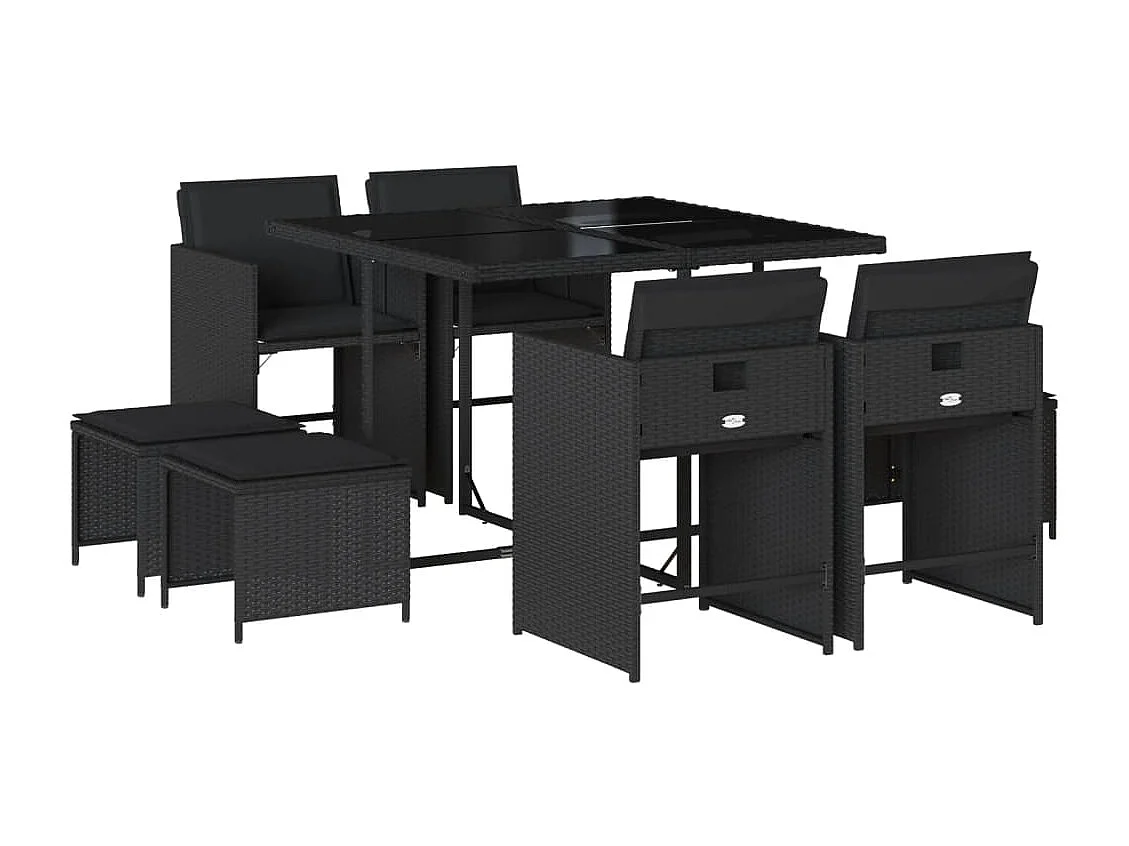 Zenn  Set de comedor de jardín 9 pzas y cojines ratán sintético negro