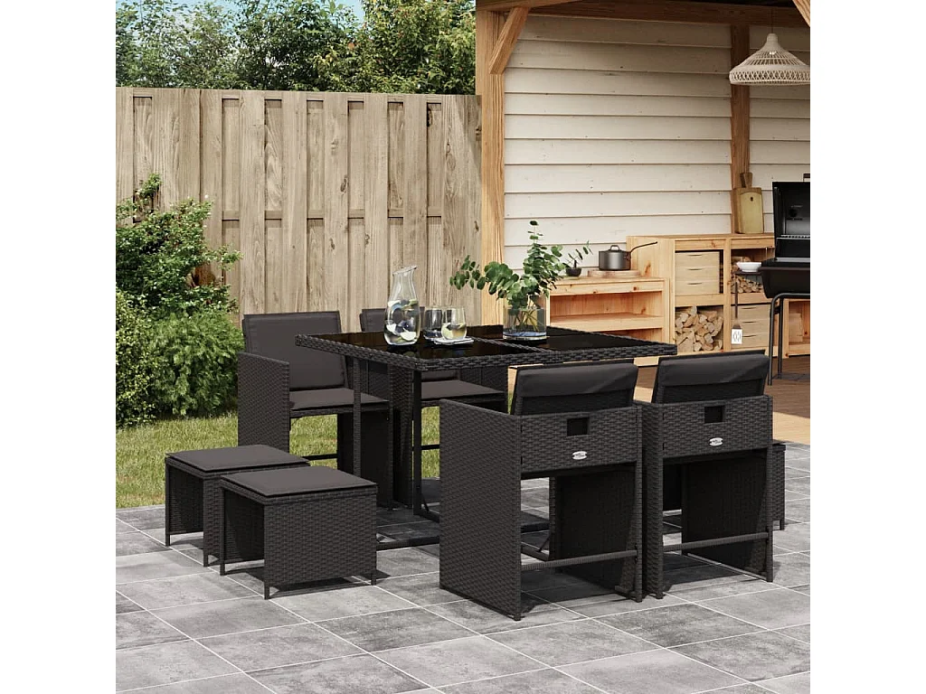 Zenn  Set de comedor de jardín 9 pzas y cojines ratán sintético negro