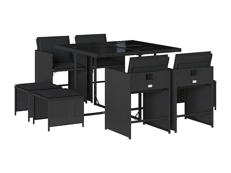 Zenn  Ensemble à manger de jardin 9pcs coussins noir résine tressée