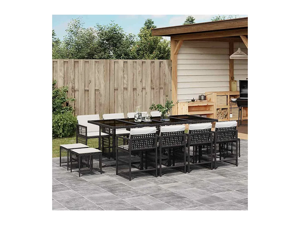 Laura Lucía  Ensemble à manger de jardin 13 pcs coussins noir résine tressée