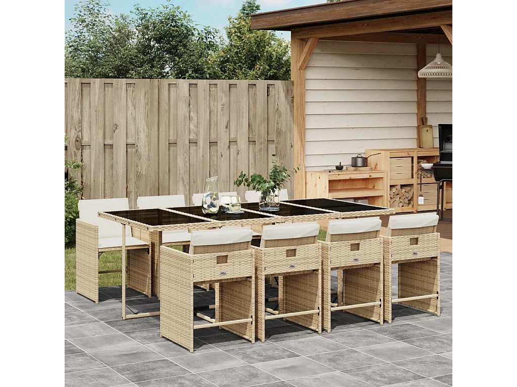 Zele  Ensemble à manger de jardin et coussins 9 pcs beige Poly rotin