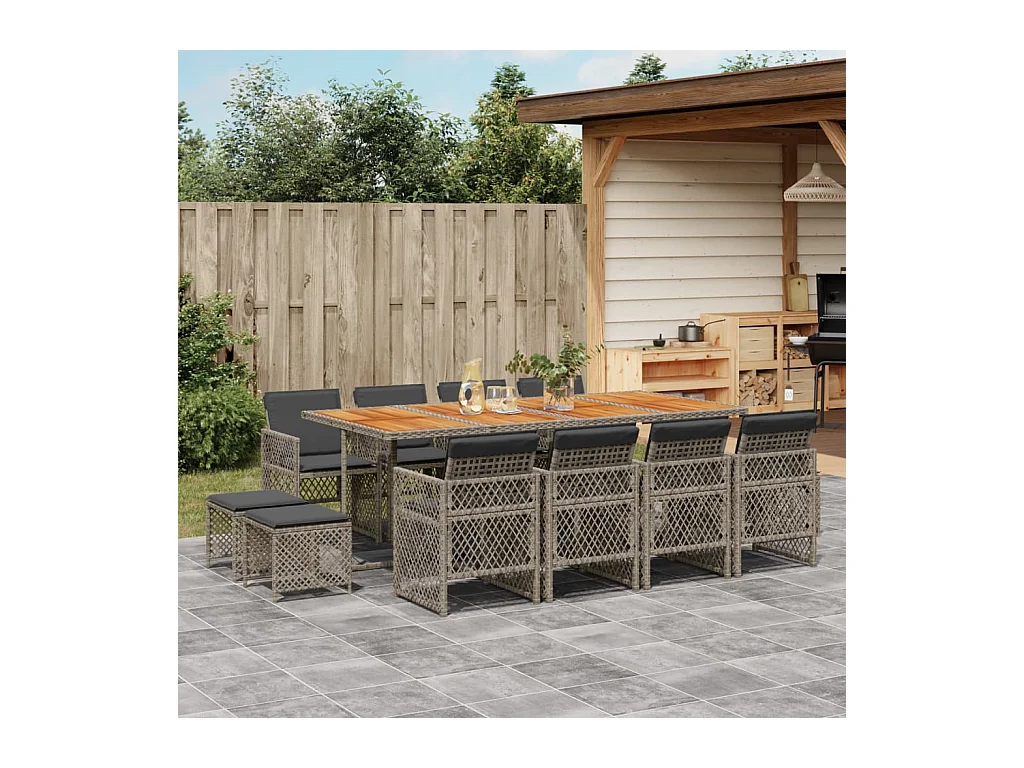 Lubbeek  Ensemble à manger de jardin coussins 13 pcs gris résine tressée