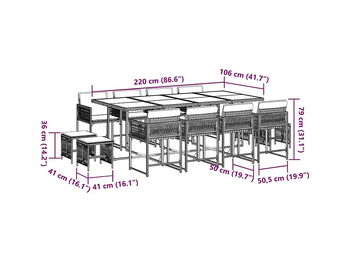Xeli  Ensemble à manger de jardin et coussins 13 pcs beige