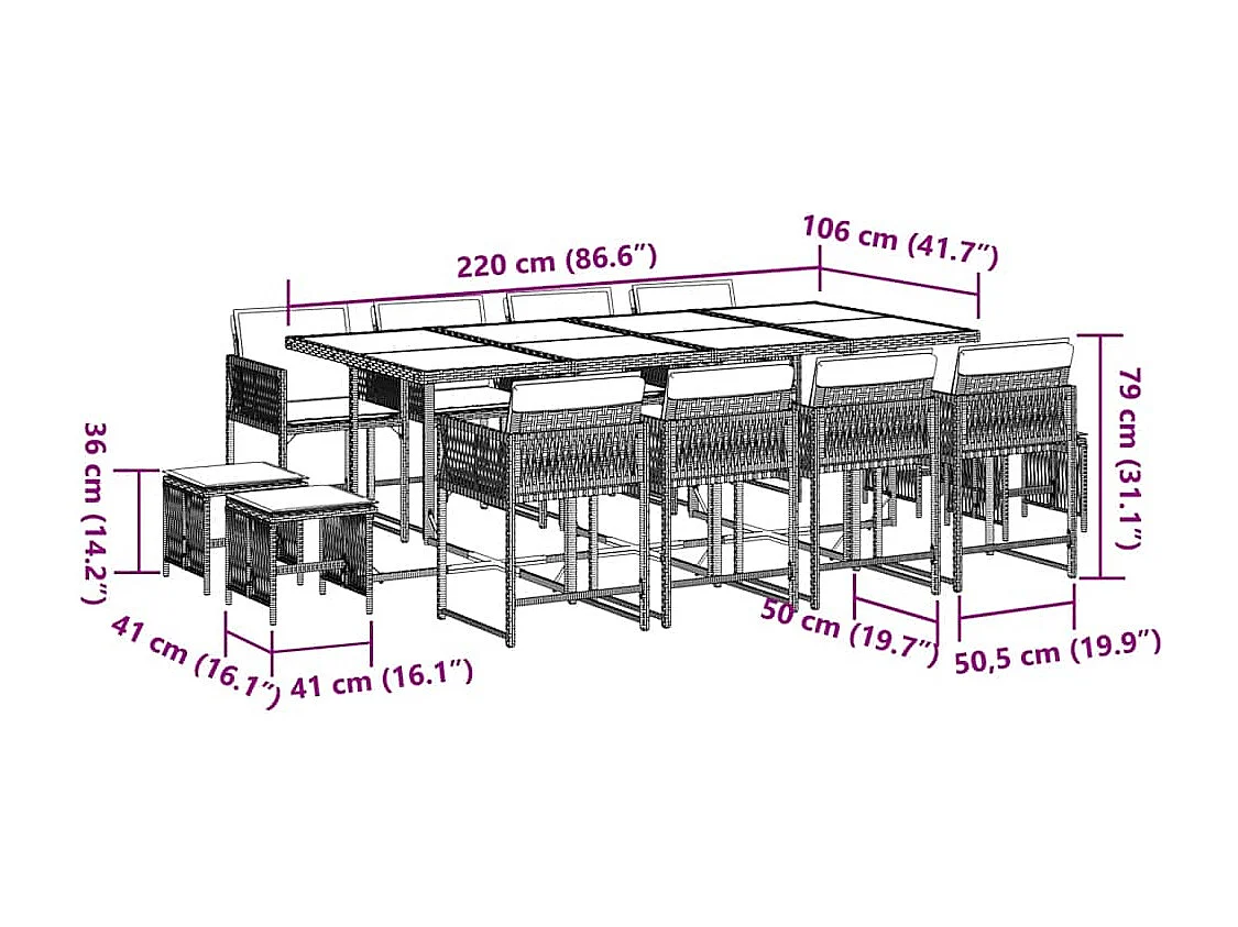 Xeli  Ensemble à manger de jardin et coussins 13 pcs beige