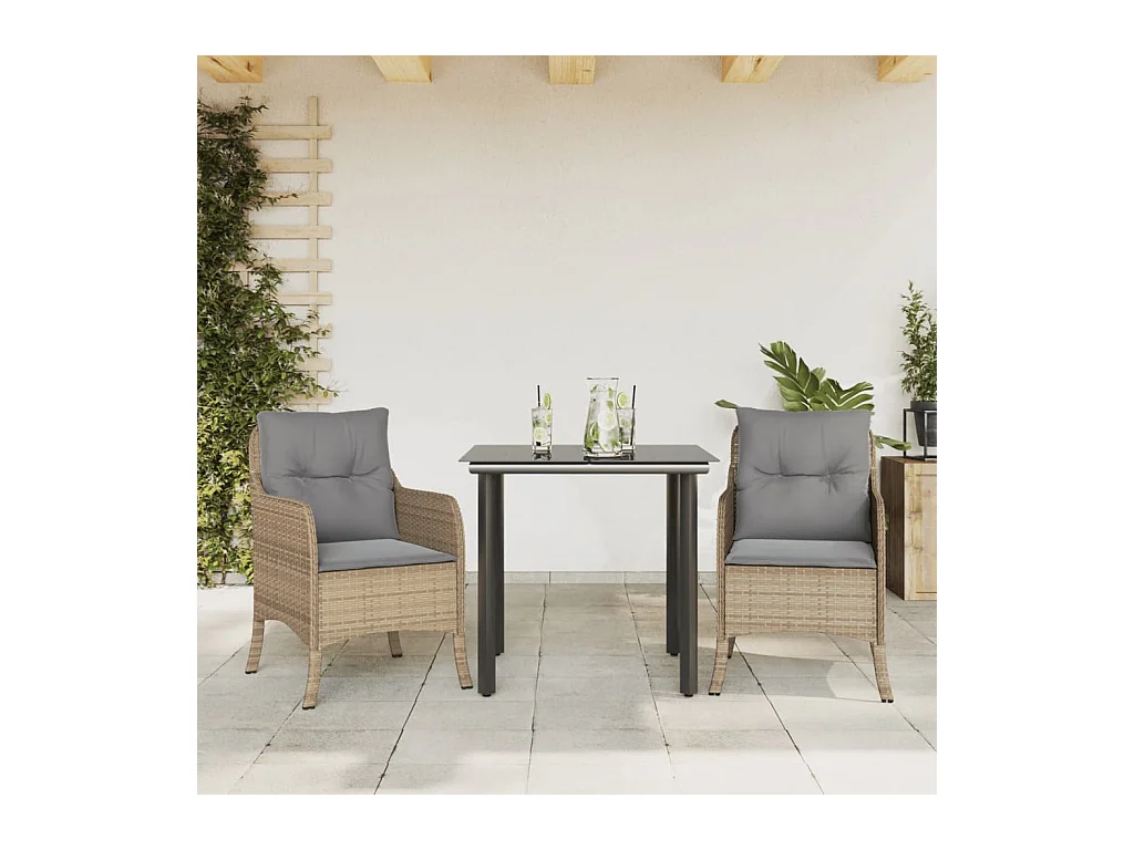 Denison  Ensemble à manger de jardin et coussins 3 pcs Beige poly rotin