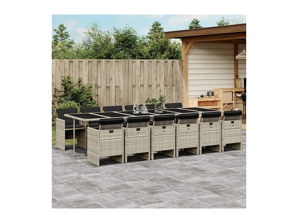 Jesse  Ensemble à manger de jardin et coussins 13 pcs gris clair rotin