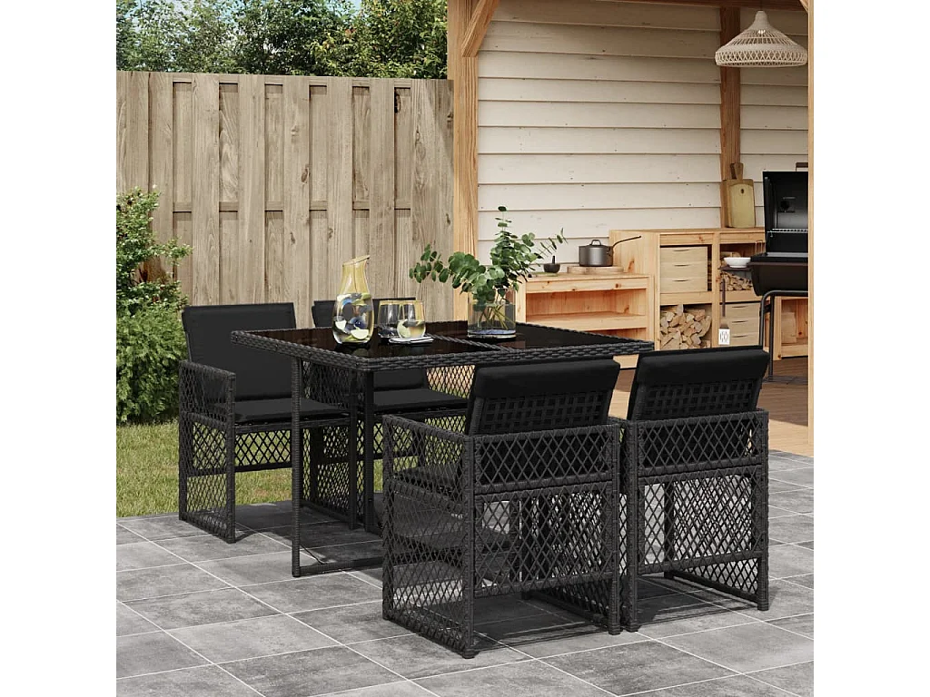 Connersville  Ensemble à manger de jardin coussins 5pcs noir résine tressée