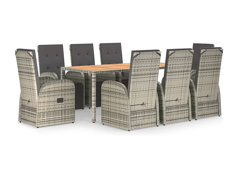 Marie-Fleur  Set comedor jardín 9 pzas y cojines ratán sintético gris