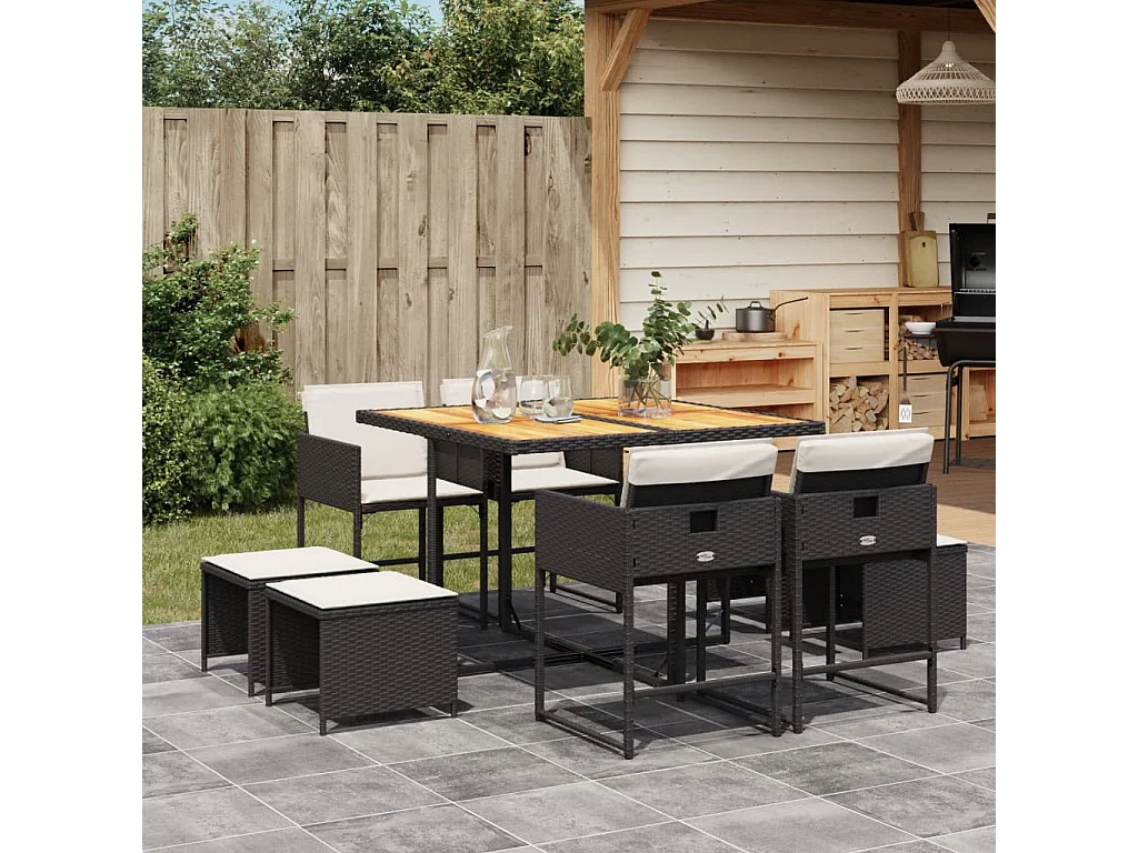 Kirkland  Set de comedor de jardín 9 pzas y cojines ratán sintético negro