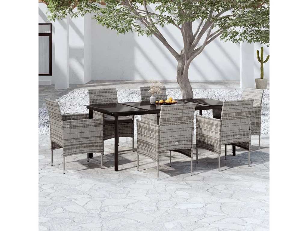 Hillsboro  Ensemble à manger de jardin coussins 7pcs Gris et noir