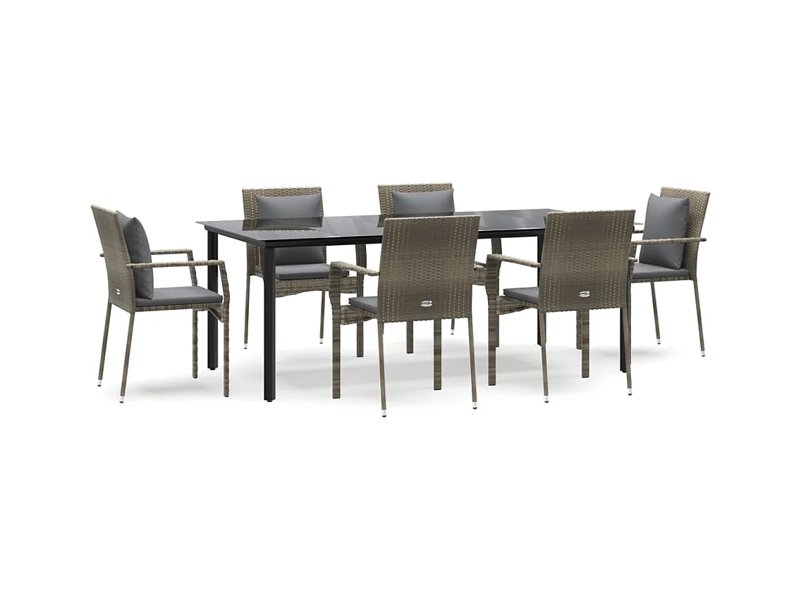 Rhett Logan  Ensemble à manger jardin et coussins 7 pcs Noir et gris Rotin