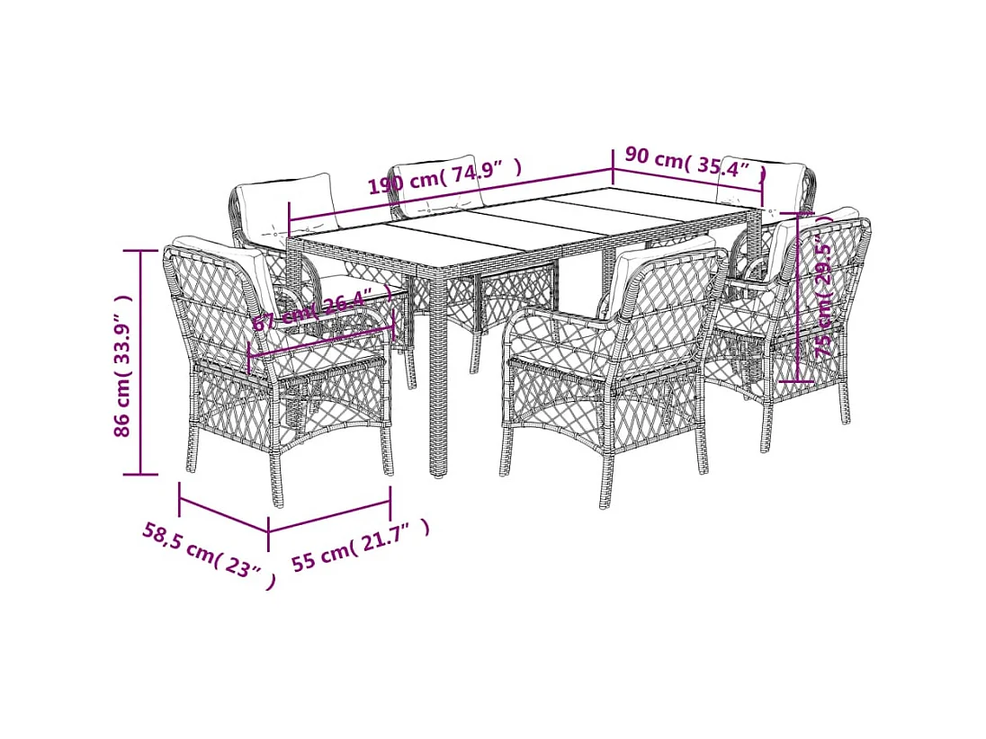 Harmelen  Ensemble à manger de jardin coussins 7pcs Noir Résine tressée