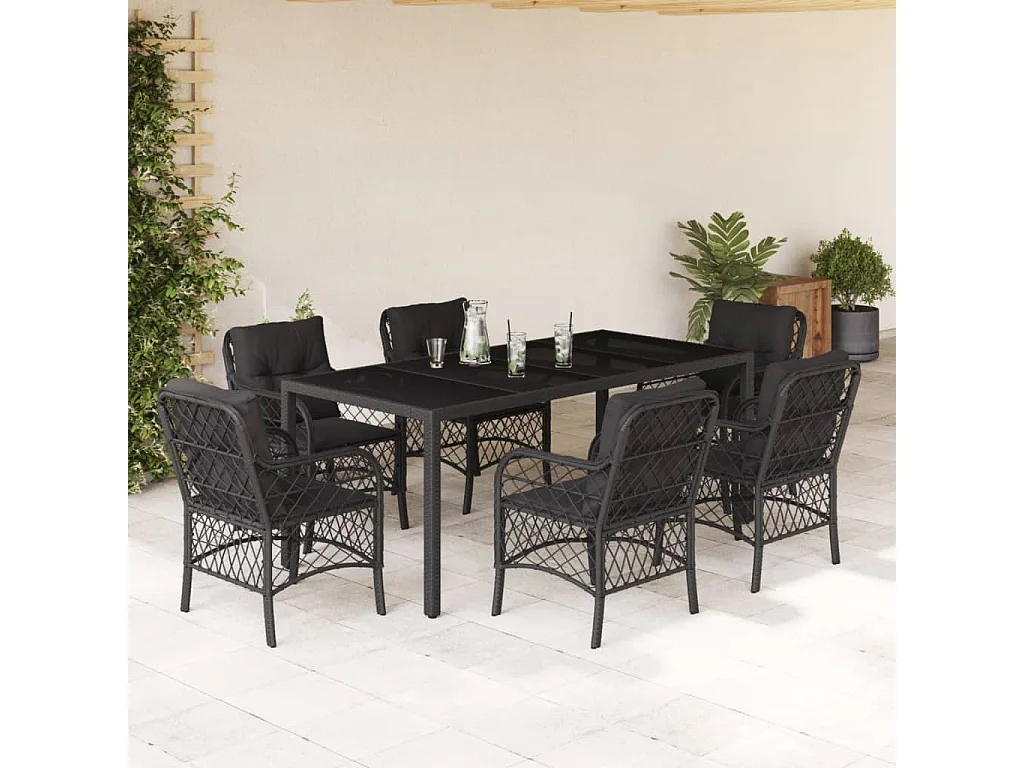 Harmelen  Ensemble à manger de jardin coussins 7pcs Noir Résine tressée
