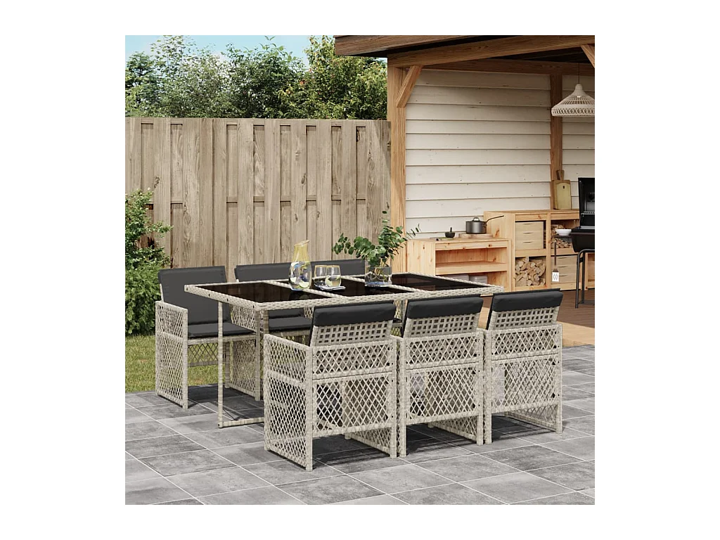 Connersville  Set comedor jardín 7 pzas y cojines ratán sintético gris claro