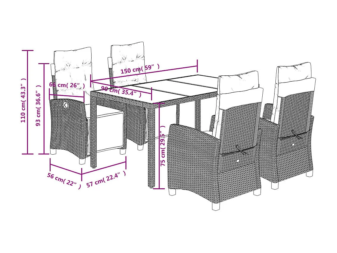 Torgryn  Set comedor de jardín 5 piezas con cojines ratán sintético gris