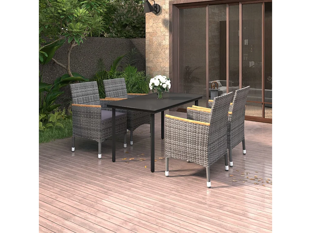 Ferris  Ensemble à manger de jardin coussins 5 pcs Résine tressée Verre