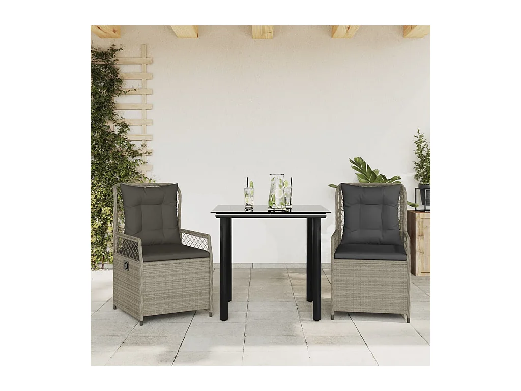 Garden Furniture -  Ensemble à manger de jardin 3pcs coussins gris clair poly rotin