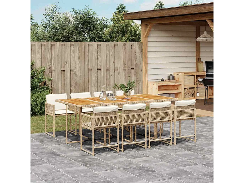 Sharif  Ensemble à manger de jardin et coussins 9 pcs beige Poly rotin