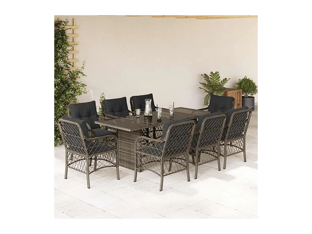 Fort Bragg  Ensemble à manger de jardin 9 pcs coussins gris résine tressée