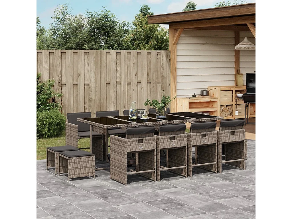 Enfield  Set comedor de jardín con cojines 13 pzas ratán sintético gris