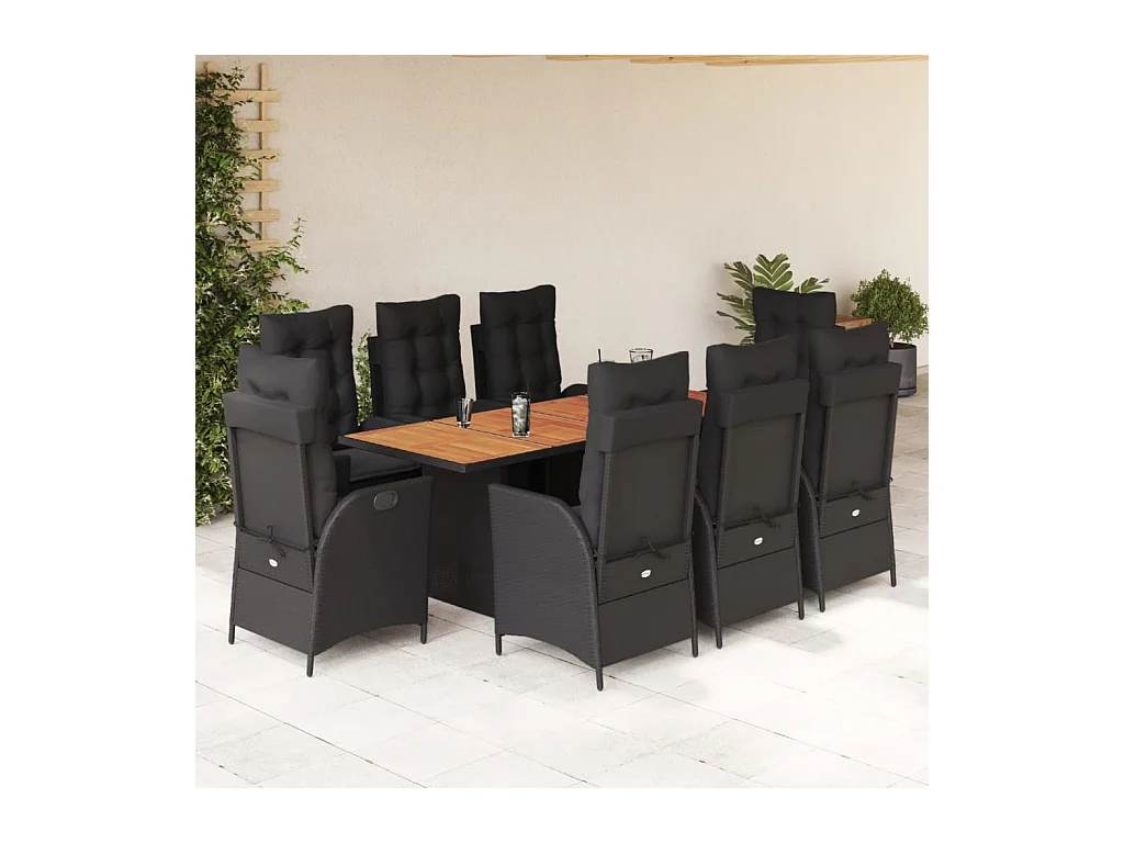 La Palma  Ensemble à manger de jardin 9pcs coussins noir résine tressée