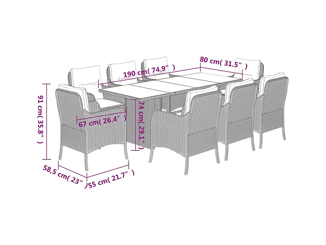 Karlyn  Ensemble à manger de jardin et coussins 9 pcs beige Poly rotin