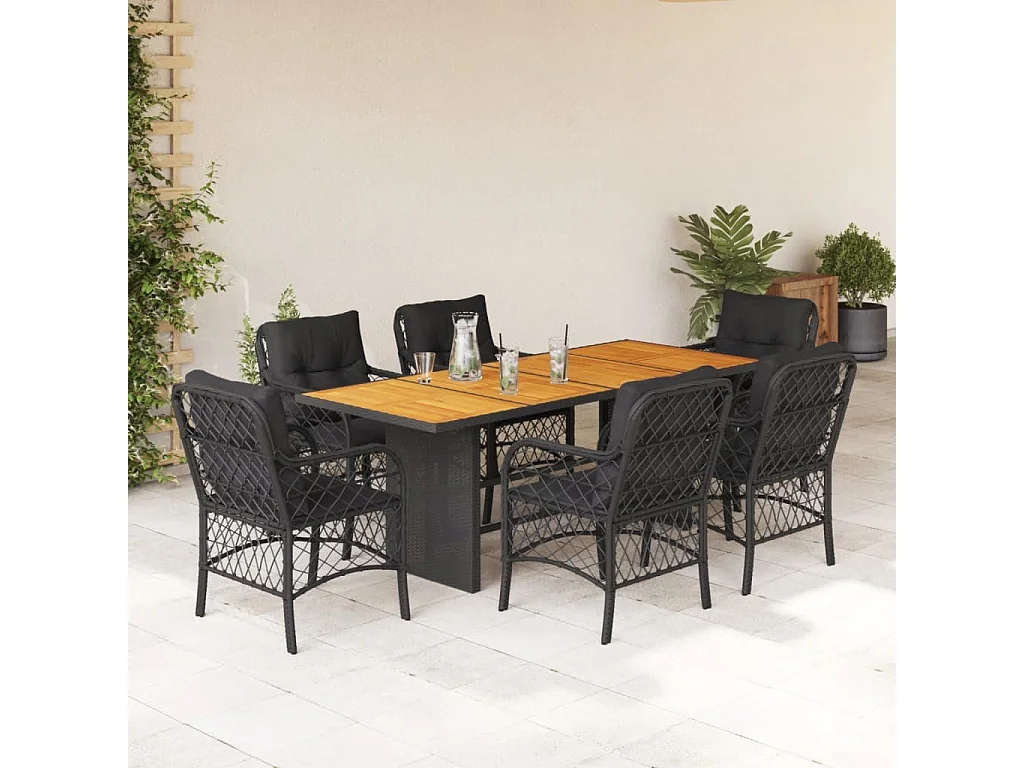 Fort Bragg  Ensemble à manger de jardin coussins 7pcs Noir Résine tressée