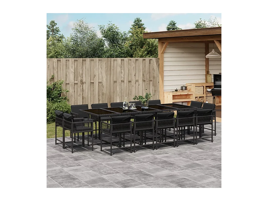 Emilia  Set comedor de jardín con cojines 15 pzas ratán sintético negro