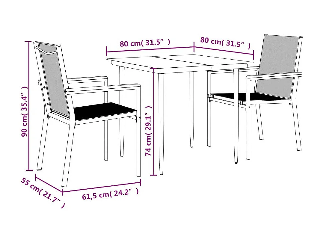 Varlen  Ensemble à manger de jardin 3 pcs noir textilène et acier
