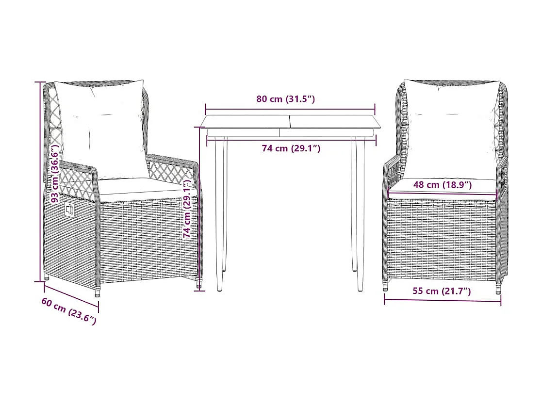 Zalan  3-delige Tuinset met kussens poly rattan beige