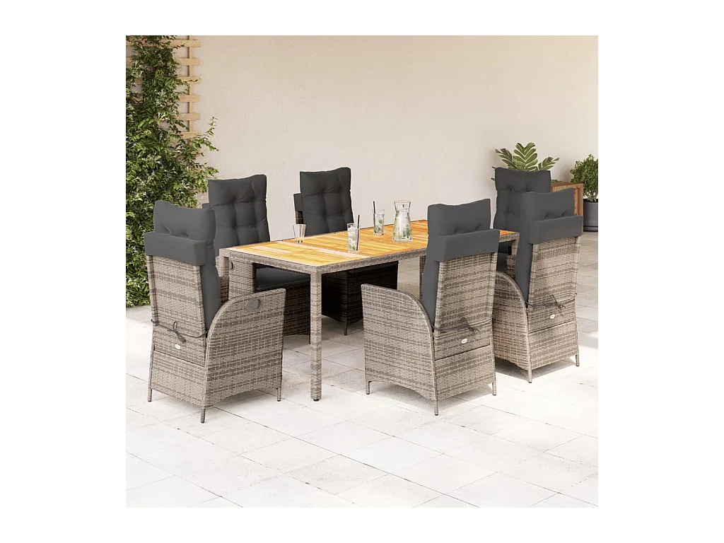 Wanda  Ensemble à manger de jardin et coussins 7 pcs gris rotin