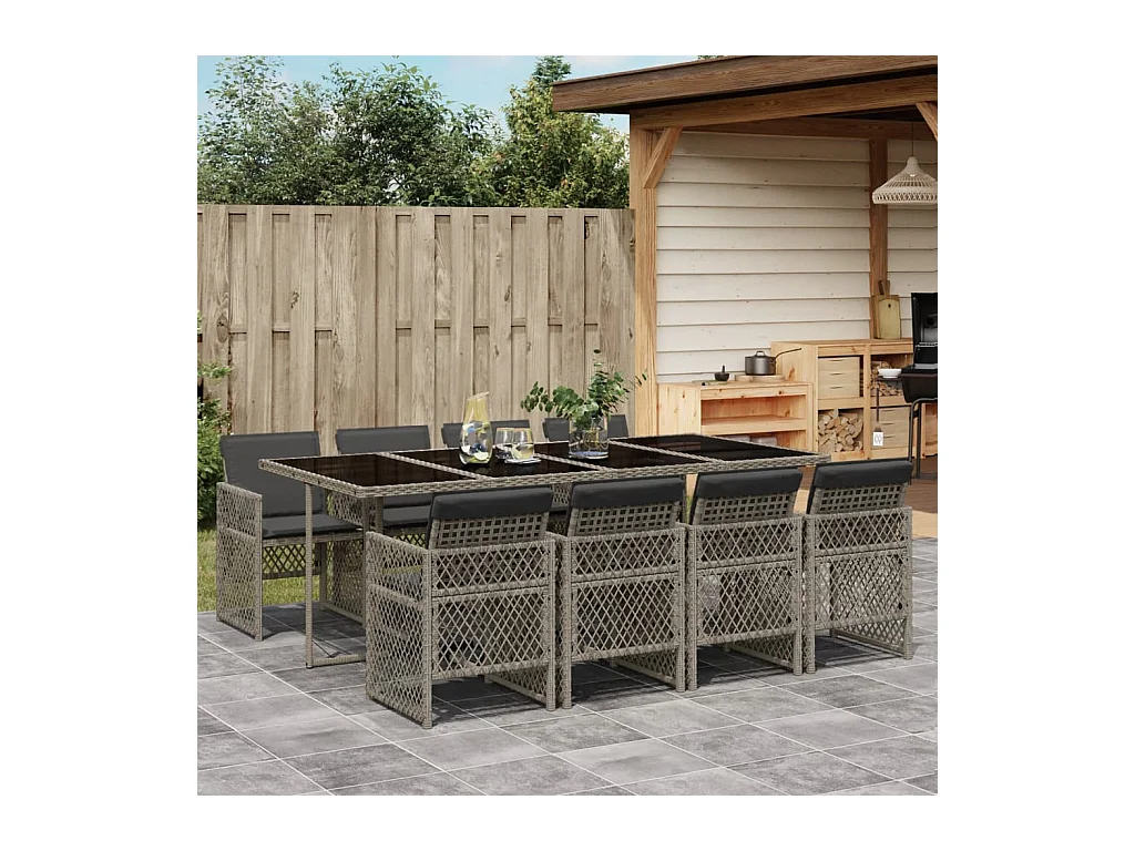 Connersville  Set comedor jardín 9 pzas y cojines ratán sintético gris