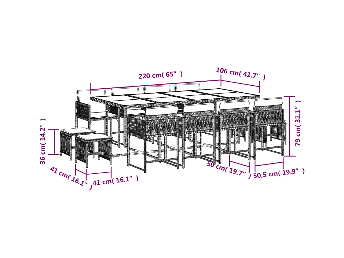 Xeli  Ensemble à manger de jardin coussins 13 pcs gris résine tressée