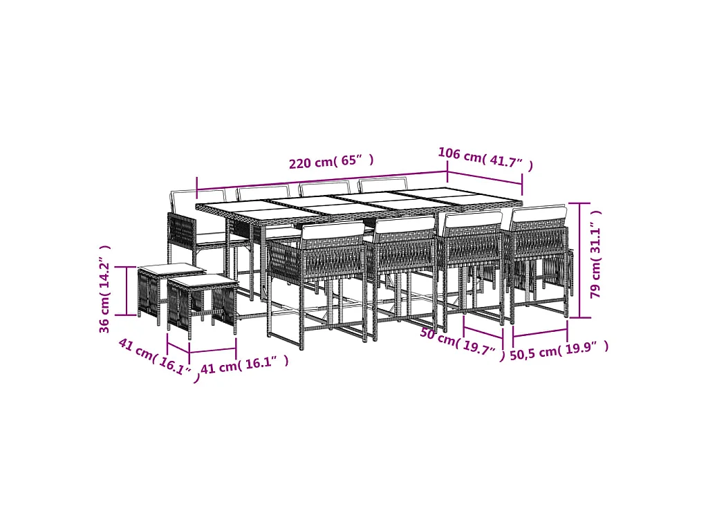 Xeli  13-delige Tuinset met kussens poly rattan grijs