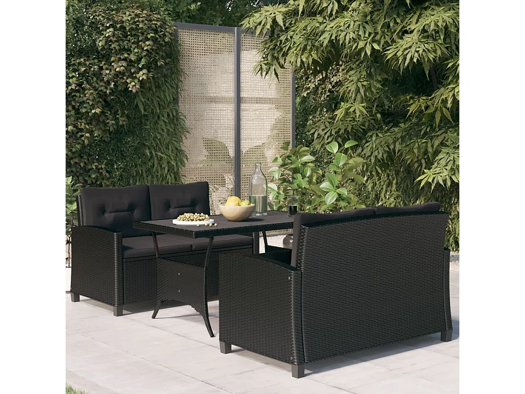 Tjorn  Set comedor de jardín 3 pzas con cojines ratán sintético negro