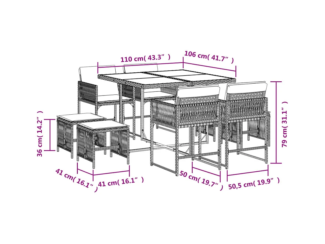 Xeli  9-delige Tuinset met kussens poly rattan beige