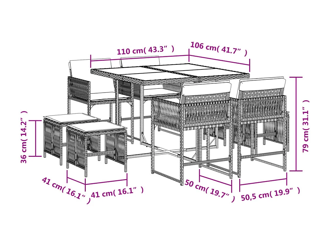 Xeli  Ensemble à manger de jardin et coussins 9 pcs beige Poly rotin