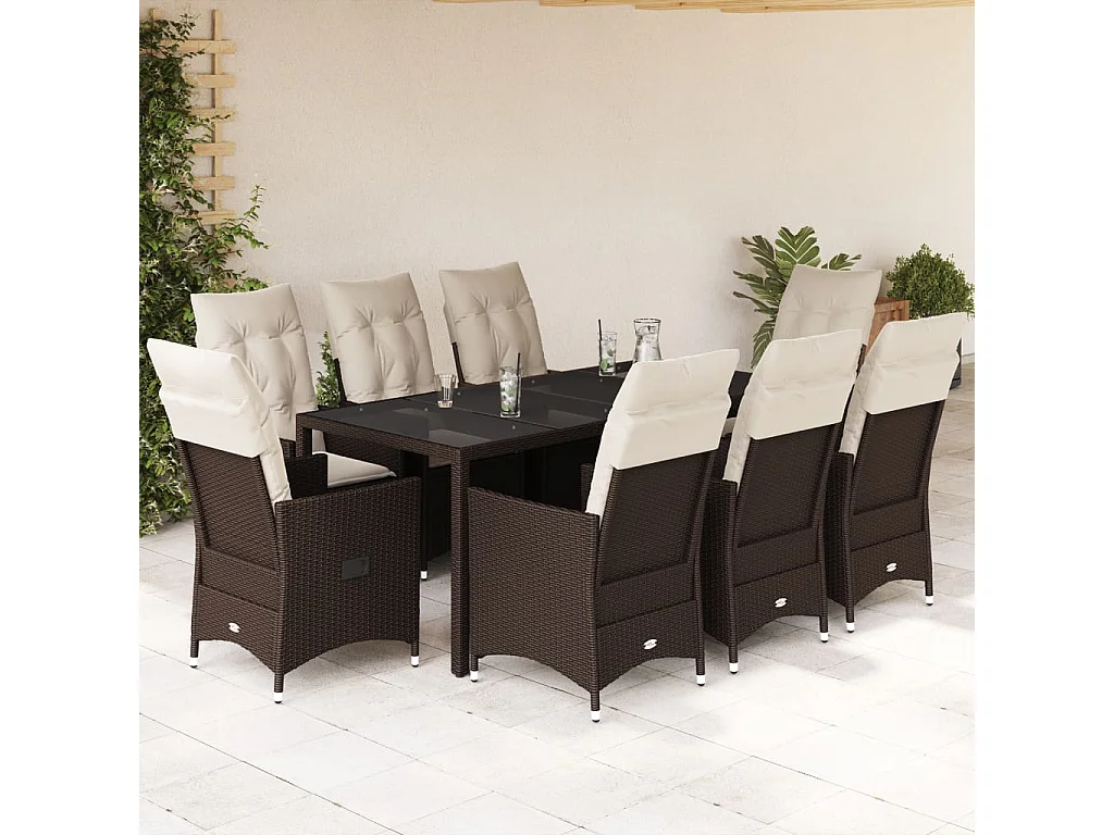 Alden  Ensemble à manger de jardin et coussins 9 pcs marron poly rotin