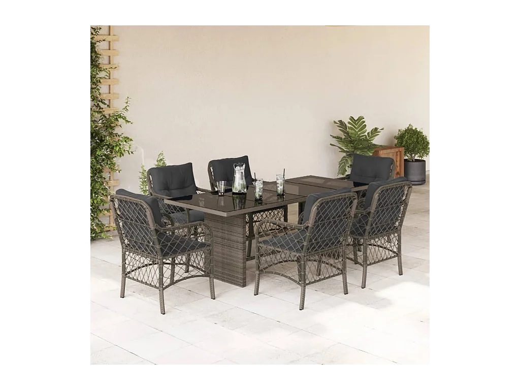 Fort Bragg  Ensemble à manger de jardin et coussins 7 pcs gris rotin