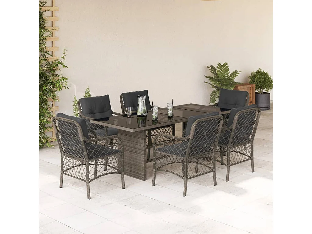 Fort Bragg  Ensemble à manger de jardin et coussins 7 pcs gris rotin