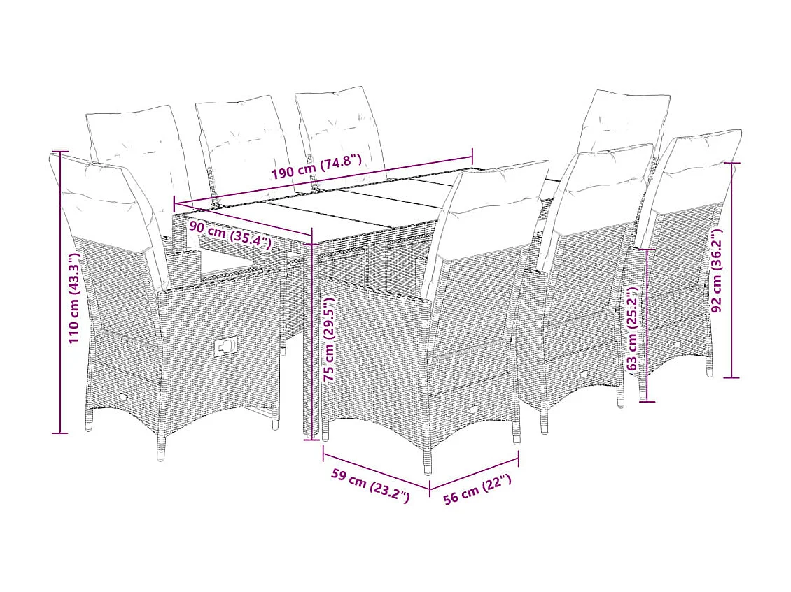 Colonial Pine Hills  Set comedor de jardín 9 pzas con cojines ratán sintético beige