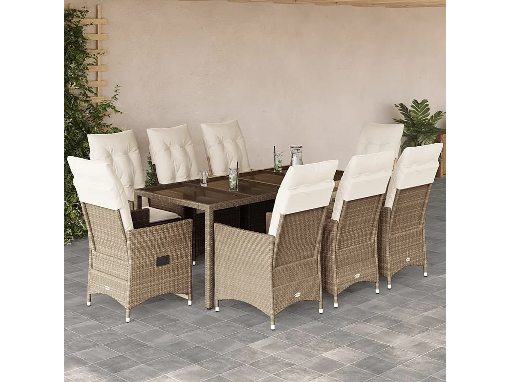 Colonial Pine Hills  Ensemble à manger de jardin et coussins 9 pcs beige Poly rotin