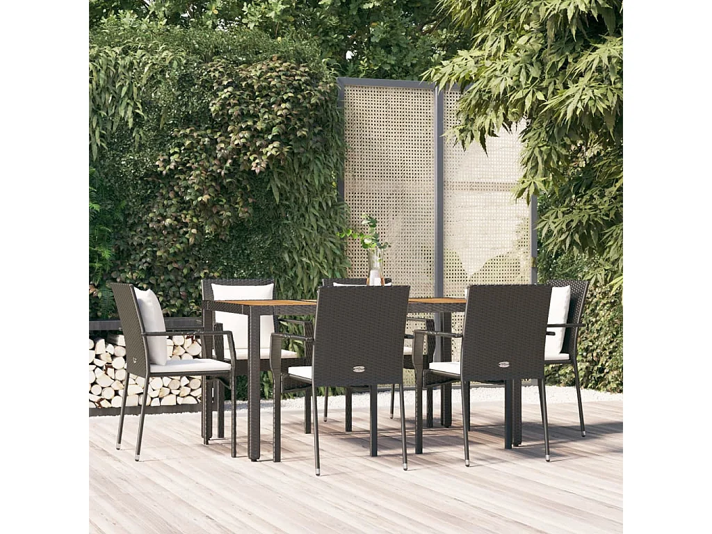 Van Buren  Set de comedor de jardín 7 pzas y cojines ratán sintético negro