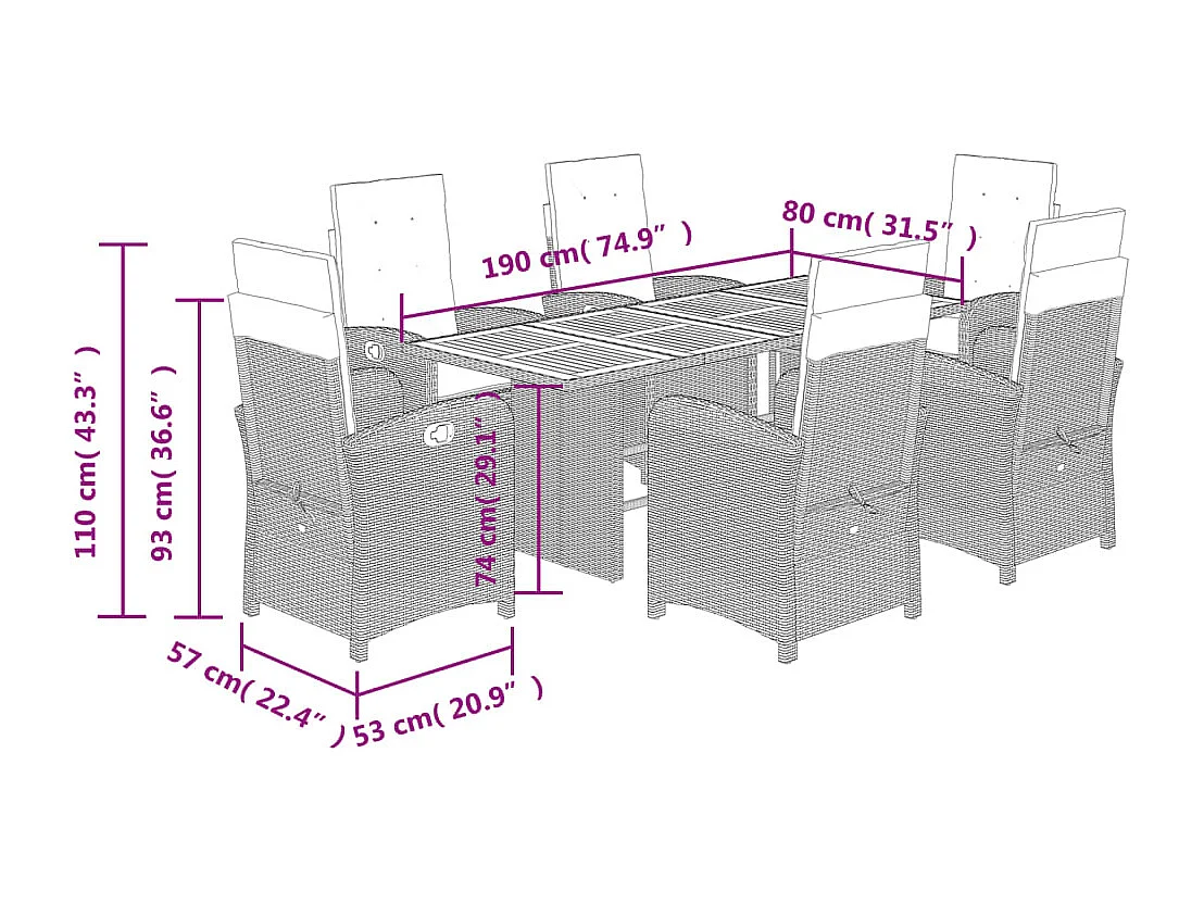 Nayo  7-delige Tuinset met kussens poly rattan grijs