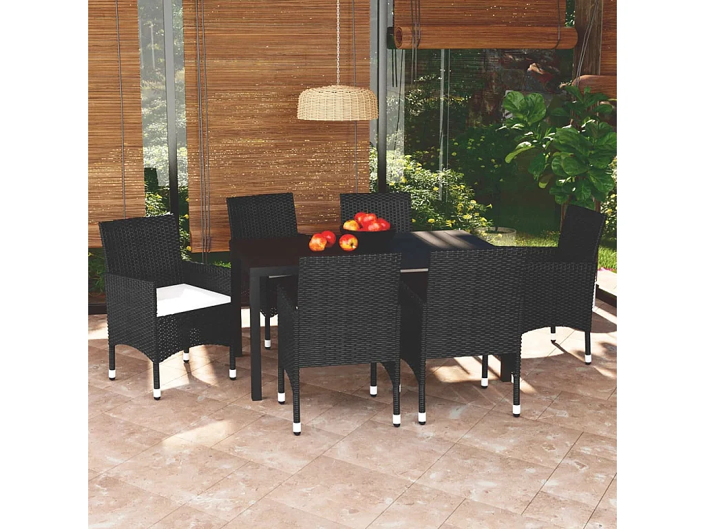 Kelly  Ensemble à manger de jardin coussins 7pcs Résine tressée Noir